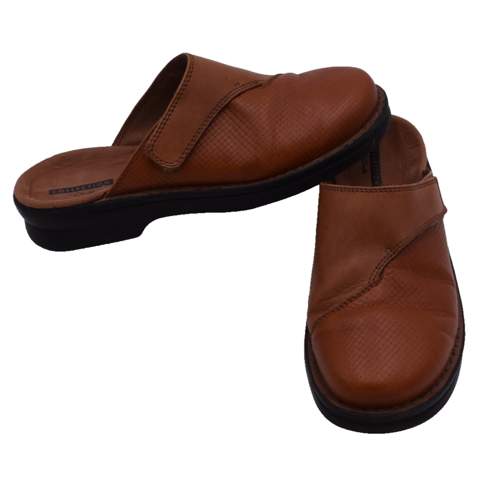 CLARKS Collection Patty Tanya Leather Slip-on Mules Shoes - Brown - US Womens 7